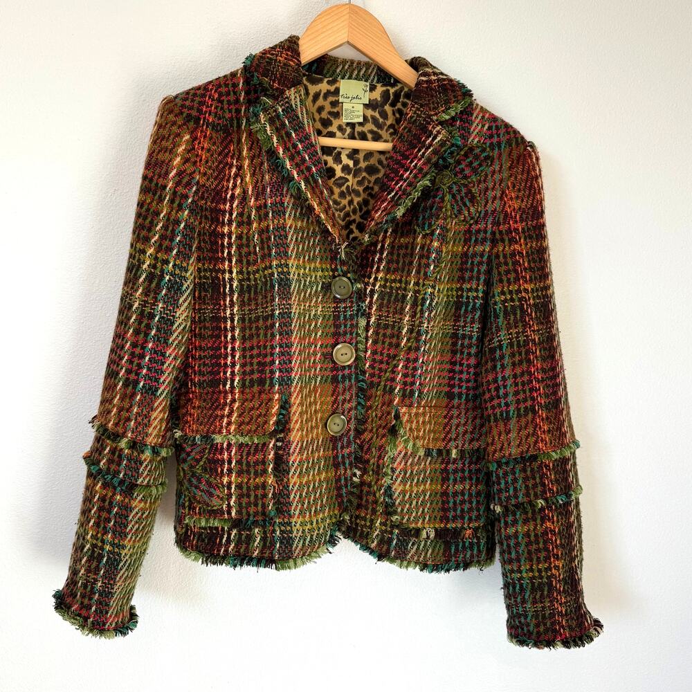 Tres Jolie Colorful Brown Green Plaid Tweed Blazer-Animal, Fringe, Preppy Size 8